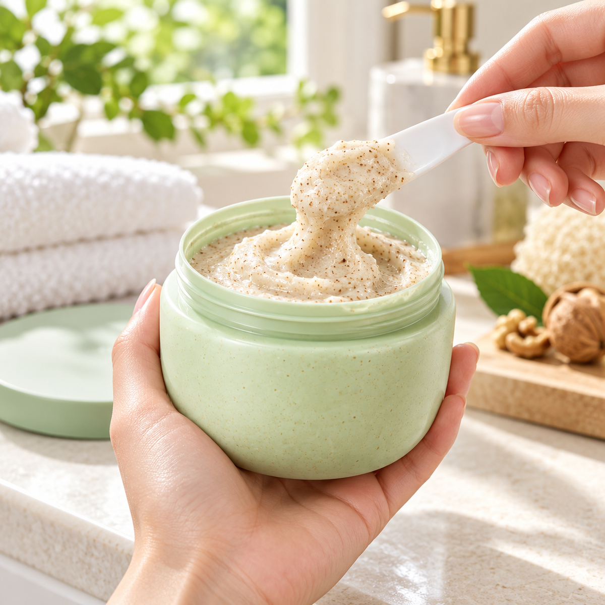 🥜 Body Scrub | Walnut Sea-Salt Shower | Women Silky Smooth-Glow